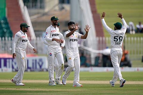 Pakistan vs Bangladesh 2nd Test Day 5: Pakistan's Khurram Shahzad, second right, celebrates with teammates after taking the wicket of Bangladesh's Shadman Islam